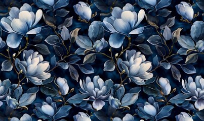 premium wallpaper mural art floral seamless pattern magnolia flowers tropical design in dark blue colors watercolor 3d illustration baroque style digital paper modern background, Generative AI