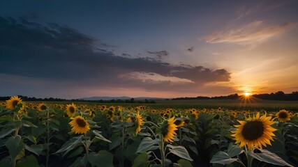 Sunflower Field at Dusk in a Green Season, Twilight Beauty Above a Vibrant Sunflower Field, Sunflowers Under a Dusk Sky, Serene Scene in a Lush Green Field, and Evening Tranquility with Sunflowers at 