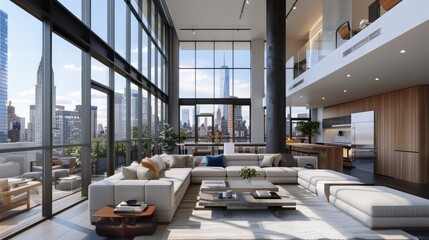 A contemporary urban penthouse with sweeping city views and sleek, modern interiors, featuring...