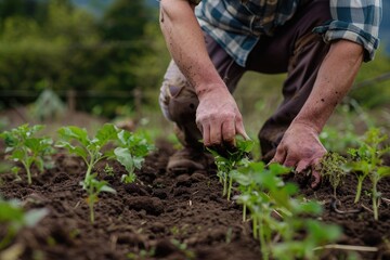 Naklejka premium A farmer implementing regenerative agriculture practices to build soil health and resilience to climate variability