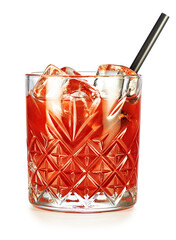 Classic Negroni in vintage tumbler glass with drinking straw isolated on white background.