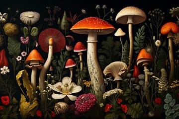 Illustration of a forest with mushrooms and flowers on a black background