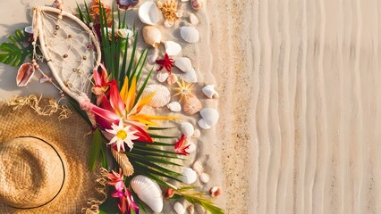 Summer flat lay background on beach with copy space, product showcase