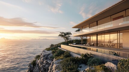 A contemporary architectural masterpiece perched on a cliffside overlooking the ocean, with sleek...