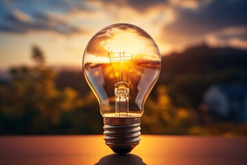 Incandescent light bulb on nature background. Energy saving concept.