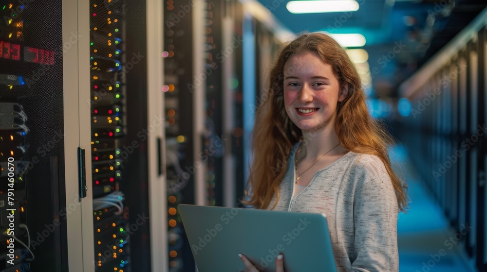 Poster engineer with laptop in datacenter