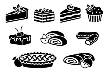 Traditional European and American dessert and popular cake black silhouette icons set on white. Vector stencil clipart, minimalist bakery sign or logo design. Cheesecake, cupcake, brownie and tiramisu