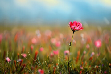 A single wildflower standing tall amidst a vast field of grass or wildflowers.  - obrazy, fototapety, plakaty