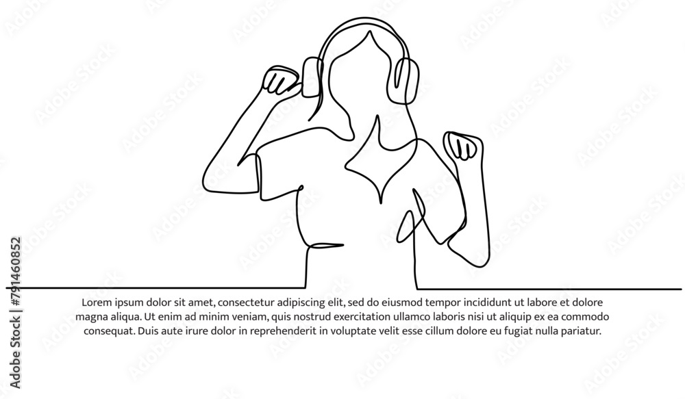 Poster continuous line design of have fun listening to music. single line decorative elements drawn on a wh