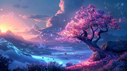 Fantastic landscape with a fantasy tree of desires 