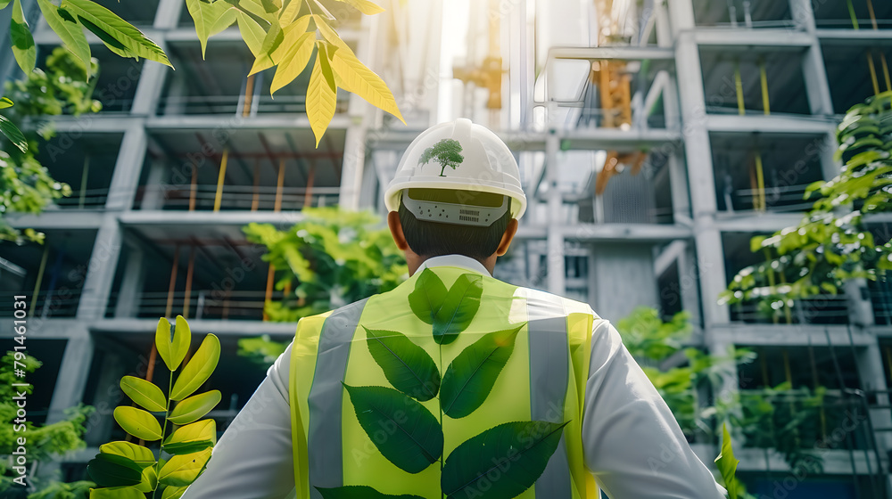 Poster promoting environmental sustainability: architects and engineers implement green building practices 