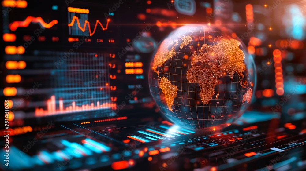 Poster a globe with a red and orange glow surrounding it. the globe is surrounded by a series of graphs and