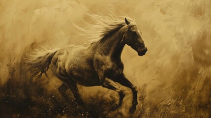 Obraz na płótnie Canvas Horse galloping in grass field against brown backdrop
