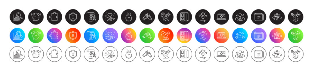 Alarm clock, Time and Clapping hands line icons. Round icon gradient buttons. Pack of Open door, Yoga, Calendar icon. Work home, Puzzle, Dirty water pictogram. Quick tips, Search, Shield. Vector
