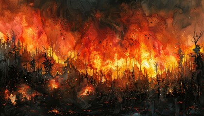 A watercolor painting of a forest fire. The fire is spreading quickly, and the trees are engulfed in flames. The sky is dark with smoke.