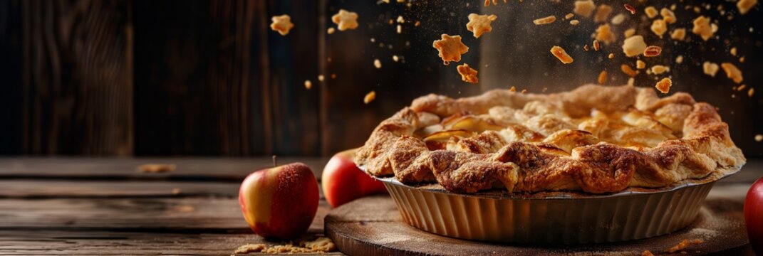 Delicious homemade apple pie with apples and flying crumbs, depicting a tantalizing and homely baking scene