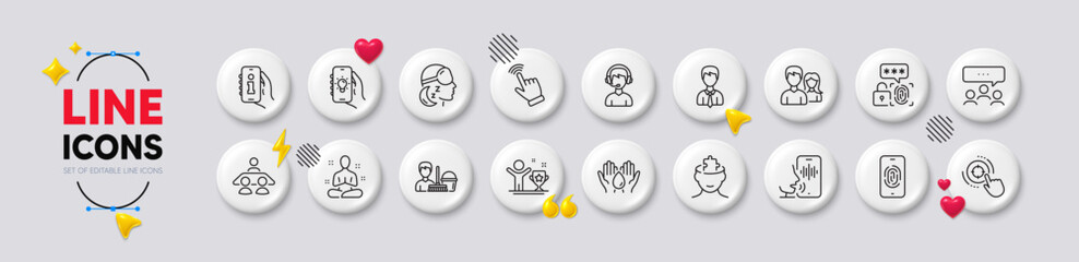 Voicemail, Interview job and Yoga line icons. White buttons 3d icons. Pack of Businessman, Electric app, Biometric security icon. Cursor, Meeting, Consultant pictogram. Vector