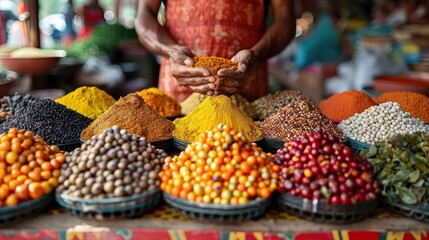 Foodie experimenting with exotic spices at a market in Sri Lanka. - obrazy, fototapety, plakaty