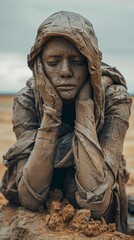Obraz premium A woman covered in mud sits on the ground with her hands on her face.