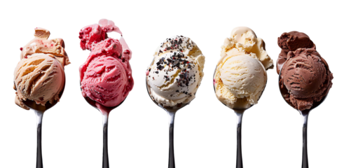 5 tablespoons of ice cream, chocolate flavored, rum flavored, cheese flavored, strawberry flavored, vanilla flavored, banner, poster, flyer