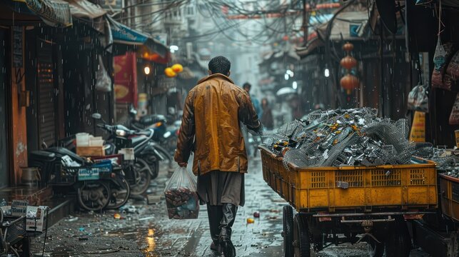 Asia Man pushing a cart full of scrap metal through an alley. - Powered by Adobe