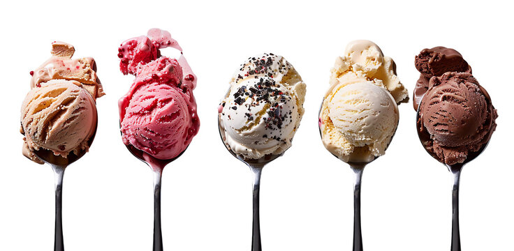 5 tablespoons of ice cream, chocolate flavored, rum flavored, cheese flavored, strawberry flavored, vanilla flavored, banner, poster, flyer