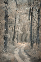 A narrow forest path disappearing into the distance, flanked by tall trees with minimal foliage. The muted color palette and soft natural light filtering through the canopy