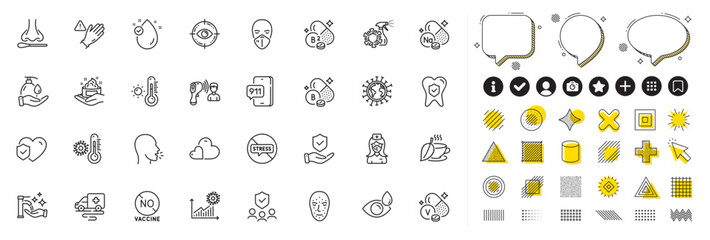 Fototapeta na wymiar Set of Stop stress, Skin care and Wash hands line icons for web app. Design elements, Social media icons. Vitamin e, Riboflavin vitamin, Thermometer icons. Vector
