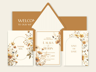 Luxury wedding invitation card background with watercolor dried flowers and botanical leaves.