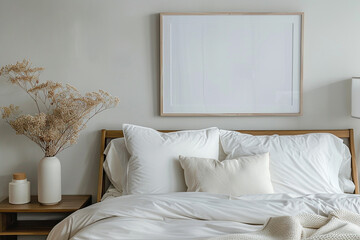 Minimalistic office room with bright decor and an empty white frame, providing a space for imaginative thinking.