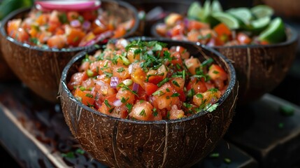 Fresh Fijian Ceviche (Kokoda) served in coconut shells.