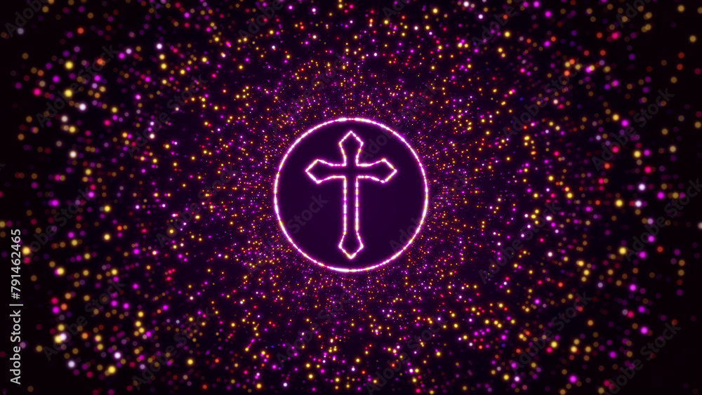 Poster abstract digital space dark shiny purple yellow glowing cross of christ symbol inside circle border 