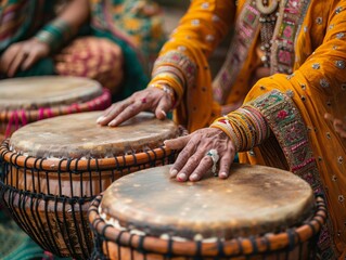Highlight the tabla players intricate rhythms, fingers striking the drums with precision, driving the music forward with complex patterns