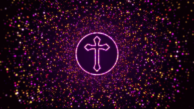 Abstract Digital Space Dark Shiny Purple Yellow Glowing Cross Of Christ Symbol Inside Circle Border Frame With Glitter Sparkle Dots And Lines