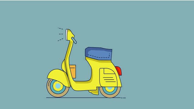 Looping animation of a yellow Vespa motorbike on a light blue background