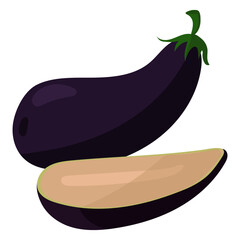 A whole and sliced slice of fresh eggplant, showing its bright purple hue and juicy texture. It is ideal for culinary graphics, postcards with recipes, healthy lifestyle. Isolated. Vector illustration