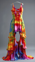 A flamboyant tie-dye dress with ruffled layers on a hanger, blending vivid colors and bohemian flair.