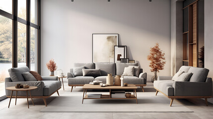 Scandinavian comfortable living room, wooden floor and furniture ,furniture set in modern living room, with sleek upholstery and minimalist decor,interior background contemporary stylish white room