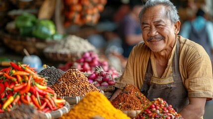 A vendor sells spices in Indonesian food in the market. © bird_saranyoo