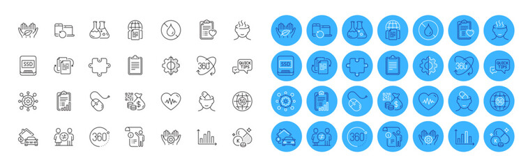 Transform, Bureaucracy and Ssd line icons pack. Checklist, Quick tips, Discrimination web icon. 360 degrees, Chemistry lab, Recovery devices pictogram. Diagram graph, Full rotation, Manual doc. Vector