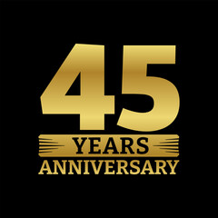 45 years logo or icon. 45th anniversary golden badge. Birthday celebrating, jubilee emblem design with number twenty. Vector illustration.