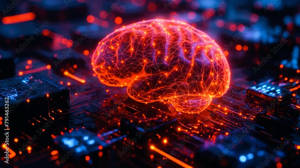 Poster surreal illustration of a human brain merging with a complex network of circuits and data, symbolizi