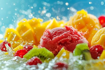 Fruit Sorbet Extravaganza: A Mix of Fruit Sorbets with Fresh Cut Fruits - obrazy, fototapety, plakaty