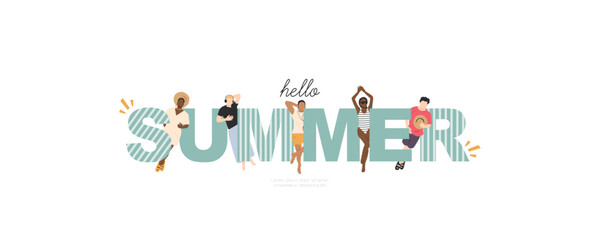 Hello, Summer! Banner with different people with sign.