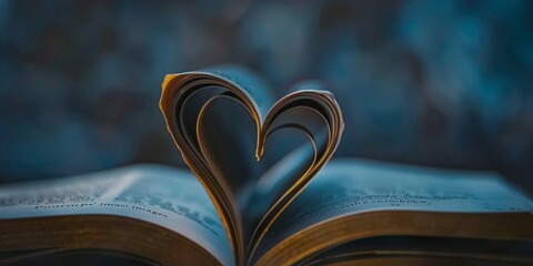 Closeup of an open novel with pages curled into a heart to symbolize a love of reading fiction and nonfiction. Enjoying reading for fun or relaxation