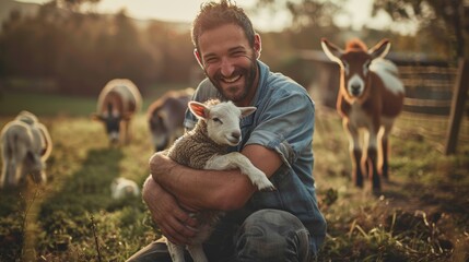 Farmer, image, or baby lamb on livestock farming, rural, or sheep growth management. Pet safety, veterinary life insurance, happy, farming, or man and mutton animals - obrazy, fototapety, plakaty