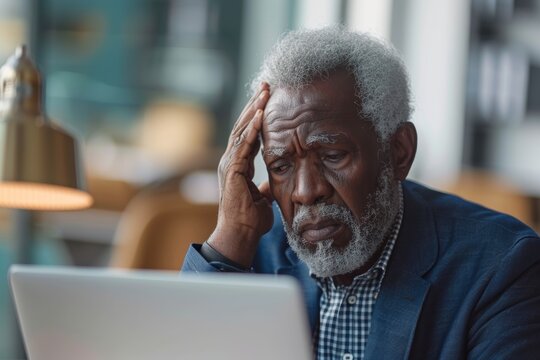 Financial loss, company investment failure, or corporate bankruptcy crisis with black man, laptop, or stress headache at office. Technology anxiety, worry, or miscalculation for businessman