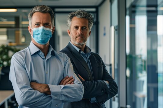Compliance, company policy, and risk management teamwork with covid, face mask, and businessman in office photo. Corona virus healthcare rules corporate men of pride, diversity, and leadership