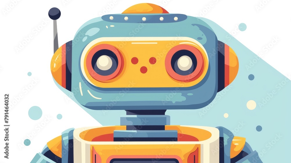 Poster an engaging flat icon with a long shadow depicting the concept of a robot is designed in format