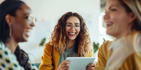 Diverse businesspeople gathering in a modern office. Happy coworkers watching a tablet-using coworker present in a boardroom. Collective business planning